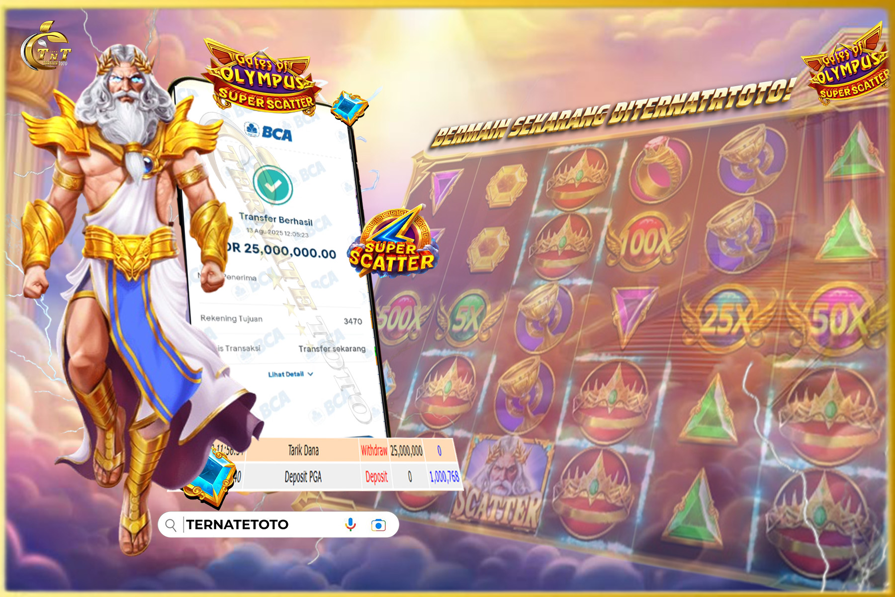 TERNATETOTO - MENANG GATES OF OLYMPUS SUPER SCATTER - Rp.25,000,000